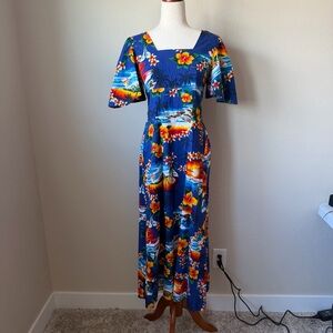 Hawaiian Women Floral Print Dress MuuMuu Maxi Blue Short Sleeve Zip XS-S